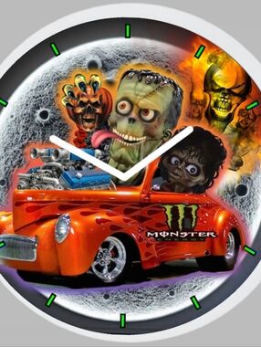 Monster Energy Orange Flame Hot Rod Clock Ft Frankistien And Zombie Micheal J